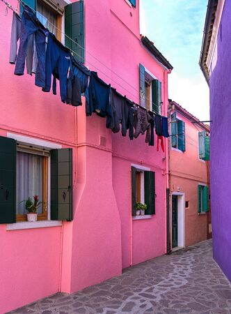 Colorful houses in burano near veniceの写真素材