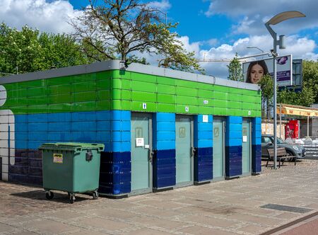 Modern toilet containers on a promenade in Szczecin, Polandの写真素材