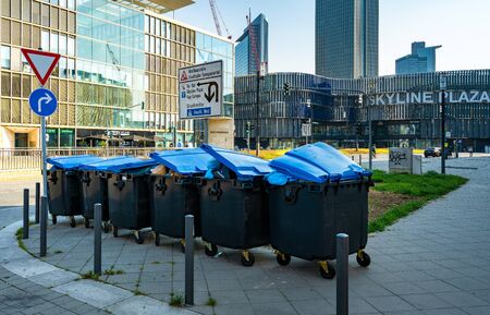 Garbage cans on the streetの写真素材
