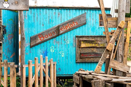 Old construction trailer on an adventure playground in Berlinの写真素材