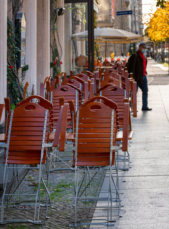 Empty chairs on a street in Berlinのeditorial素材