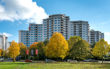 Skyscrapers with apartments in social housing in the MÃ¤rkisches Viertel in Berlinのeditorial素材