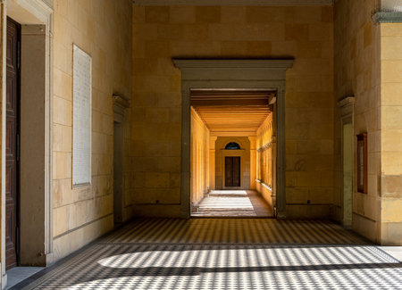 long corridor at the outer buildings of the peace church in potsdamのeditorial素材