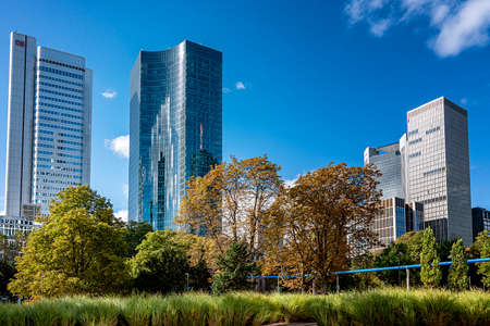 Architecture and skyscrapers in the financial district and the city center of the Main metropolis in Frankfurt, Hesseの写真素材