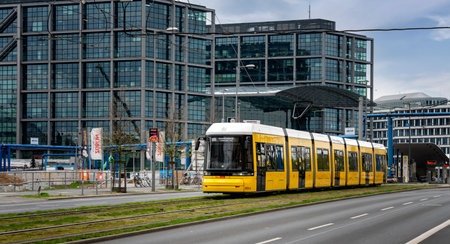 yellow tram in Berlin trafficのeditorial素材