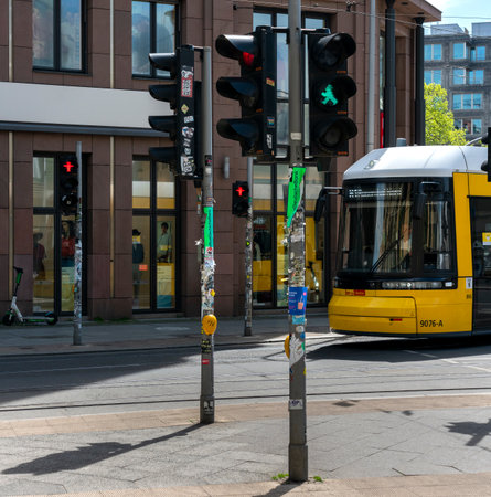 yellow tram in Berlin trafficのeditorial素材