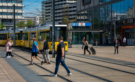 yellow tram in Berlin trafficのeditorial素材