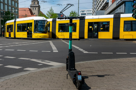 yellow tram in Berlin trafficのeditorial素材