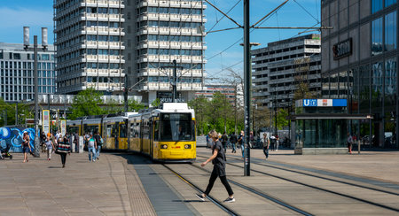 yellow tram in Berlin trafficのeditorial素材