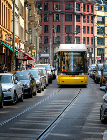 yellow tram in Berlin trafficのeditorial素材