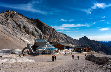 Tourists on the Zugspitze in Bavaria, glacier train station, Zugspitzplatt,のeditorial素材