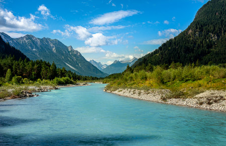 The river Lech in Reutte, Tyrolの写真素材