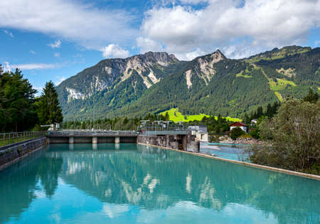 small reservoir on the Lech river in the town of Reutte, Tyrolの写真素材