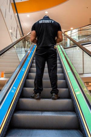 Security staff on the escalator in a shopping centerのeditorial素材