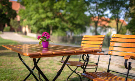 garden table with a small flower potの写真素材