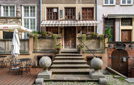 historical streets and house entrances in the old town of Gdansk Polandのeditorial素材