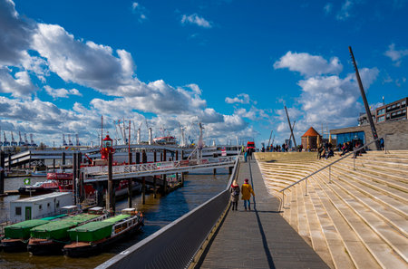 Ships and boats at the Elbphilharmonie and LandungsbrÃ¼cken in the port of Hamburg, Germany