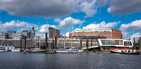 Ships and boats at the Elbphilharmonie and LandungsbrÃ¼cken in the port of Hamburg, Germany