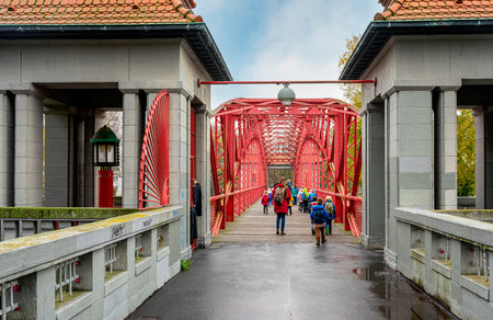 the red steel bridge for pedestrians in Berlin Tegel, Germanyのeditorial素材