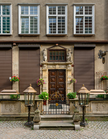 historical streets and house entrances in the old town of Gdansk Polandのeditorial素材