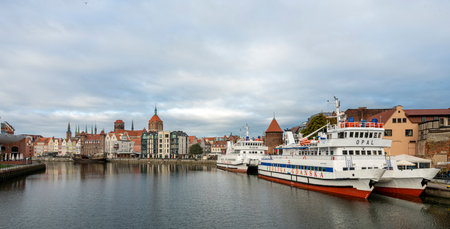 Half-timbered houses, landmarks and boats in the Old Town of Gdansk, Polandのeditorial素材