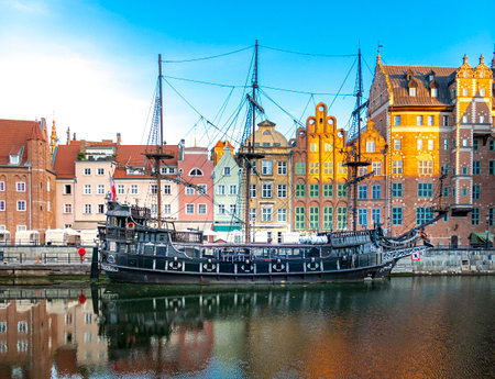 Half-timbered houses, landmarks and boats in the Old Town of Gdansk, Poland