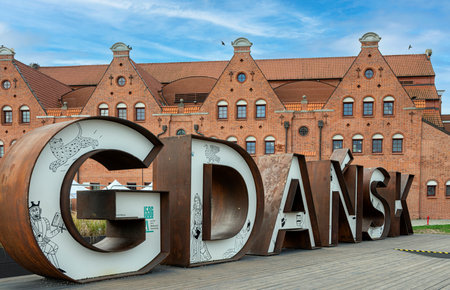 Half-timbered houses, landmarks and boats in the Old Town of Gdansk, Poland