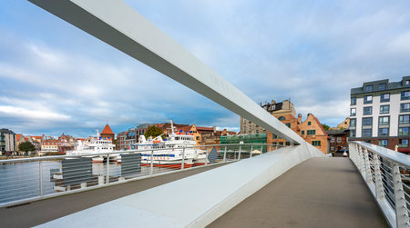Half-timbered houses, landmarks and boats in the Old Town of Gdansk, Polandのeditorial素材