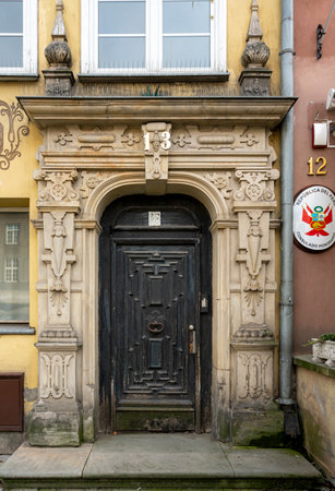 historical streets and house entrances in the old town of Gdansk Polandのeditorial素材