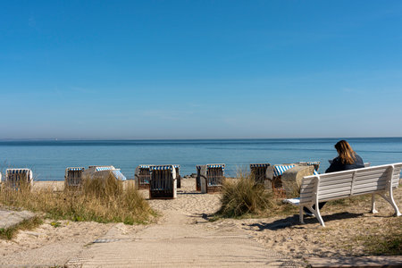 Timmendorfer Strand with beach chairs and tourists, Niendorf, Bay of LÃ¼beck, Baltic Seaのeditorial素材