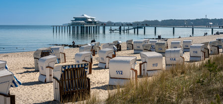 Timmendorfer Strand with beach chairs and tourists, Niendorf, Bay of LÃ¼beck, Baltic Seaのeditorial素材