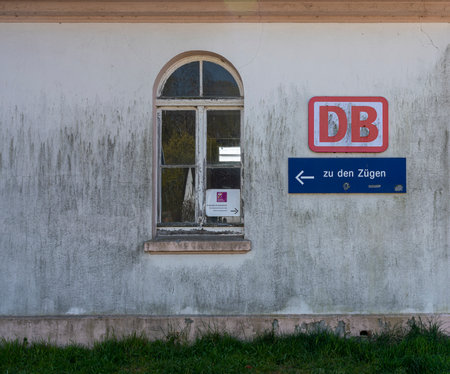 Information sign "to the trains" at Lietzow train station, island of Ruegenのeditorial素材