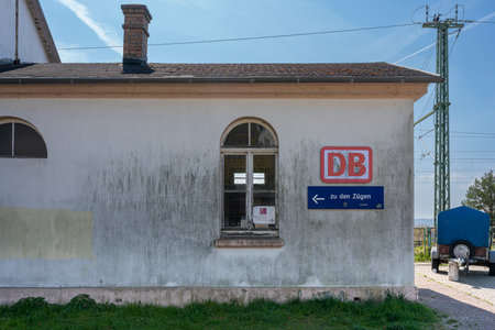 Information sign "to the trains" at Lietzow train station, island of Ruegenのeditorial素材