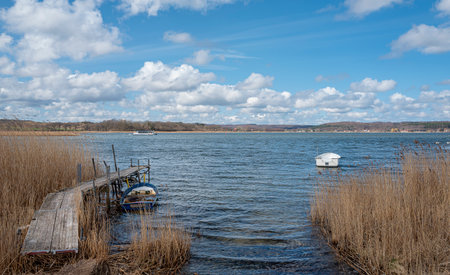 small rowing boat in the reeds on Lake Sellinの写真素材