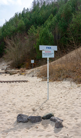 Sign indicating a danger point on the Baltic Sea coastの写真素材