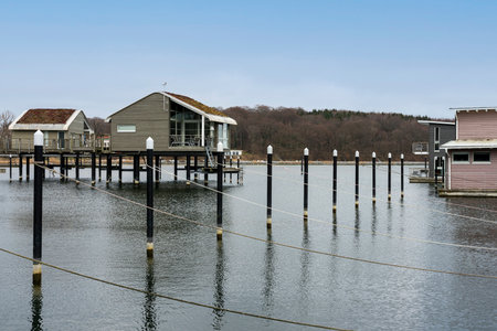 Pile dwellings as holiday homes with boat berth, tiny house, marina, Lauterbach, island of RÃ¼gen,の写真素材