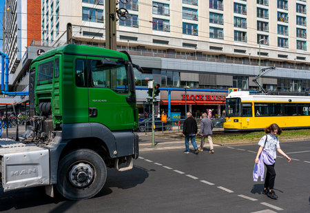 truck turning at the pedestrian crossingのeditorial素材