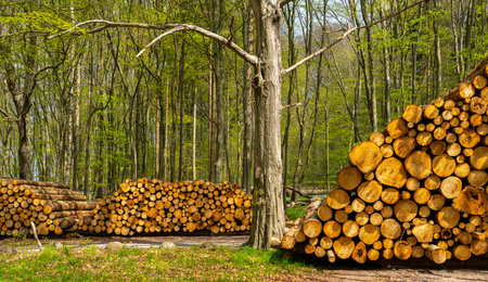 Woodpile on the wayside in the forest, island of Ruegenの写真素材