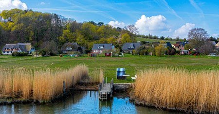 Jetty and holiday homes in Moritzdorf on Lake Sellin, RÃ¼gen Islandのeditorial素材