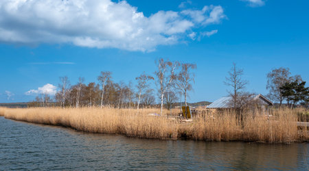 Jetty and holiday homes in Moritzdorf on Lake Sellin, RÃ¼gen Islandの写真素材