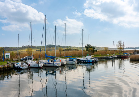 Sailing boats at the Baabe sports boat club on Lake Sellin, Ruegen islandのeditorial素材