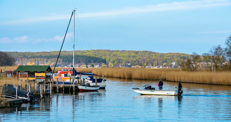 Ferry house and ferry on the Baabe-Sellin-Moritzdorf connecting canal, RÃ¼gen islandのeditorial素材