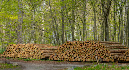 Woodpile on the wayside in the forest, island of Ruegenの写真素材