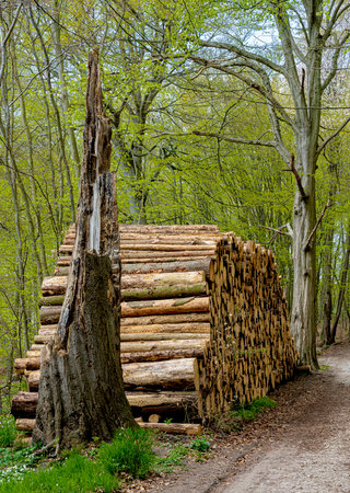 Woodpile on the wayside in the forest, island of Ruegenの写真素材