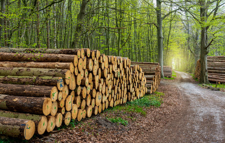 Woodpile on the wayside in the forest, island of Ruegenの写真素材