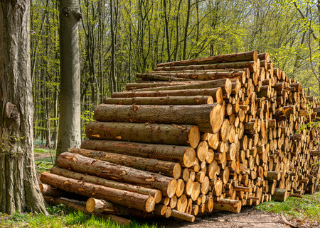 Woodpile on the wayside in the forest, island of Ruegenの写真素材