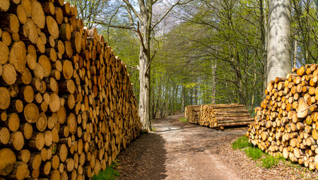 Woodpile on the wayside in the forest, island of Ruegenの写真素材