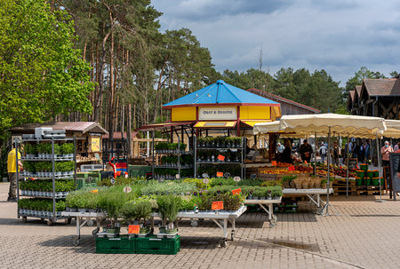Market stalls and sales booths on the premises of the Spargelhof in Klaistow, Brandenburg,のeditorial素材