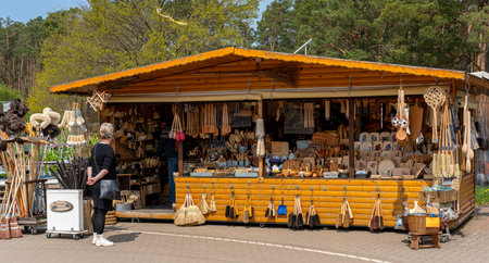 Market stalls and sales booths on the premises of the Spargelhof in Klaistow, Brandenburg,のeditorial素材