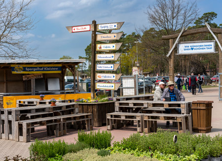 Market stalls and sales booths on the premises of the Spargelhof in Klaistow, Brandenburg,のeditorial素材